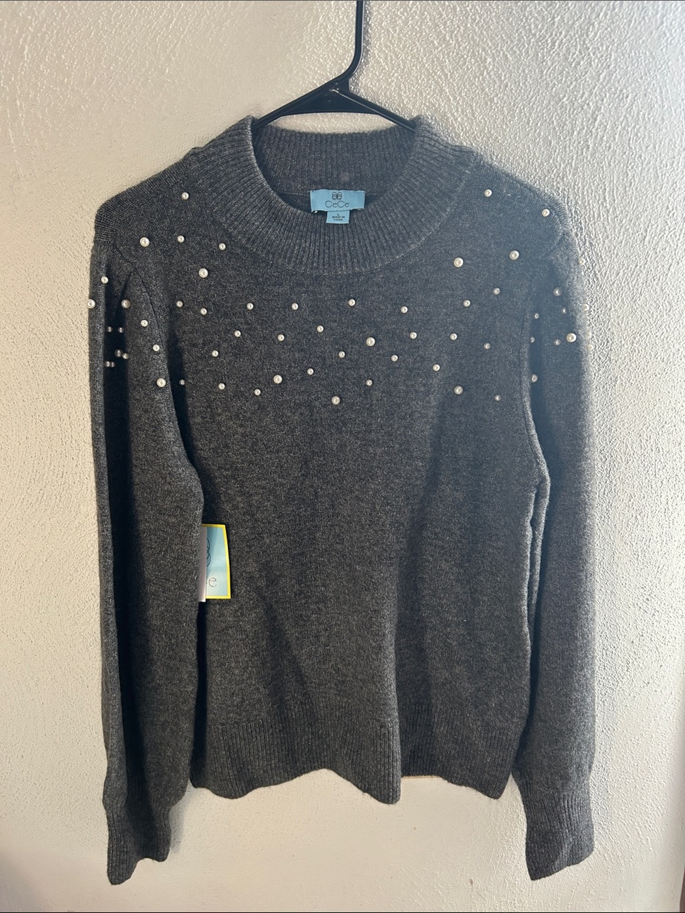 CECE Dark Charcoal Pearl-Detail Crewneck Sweater